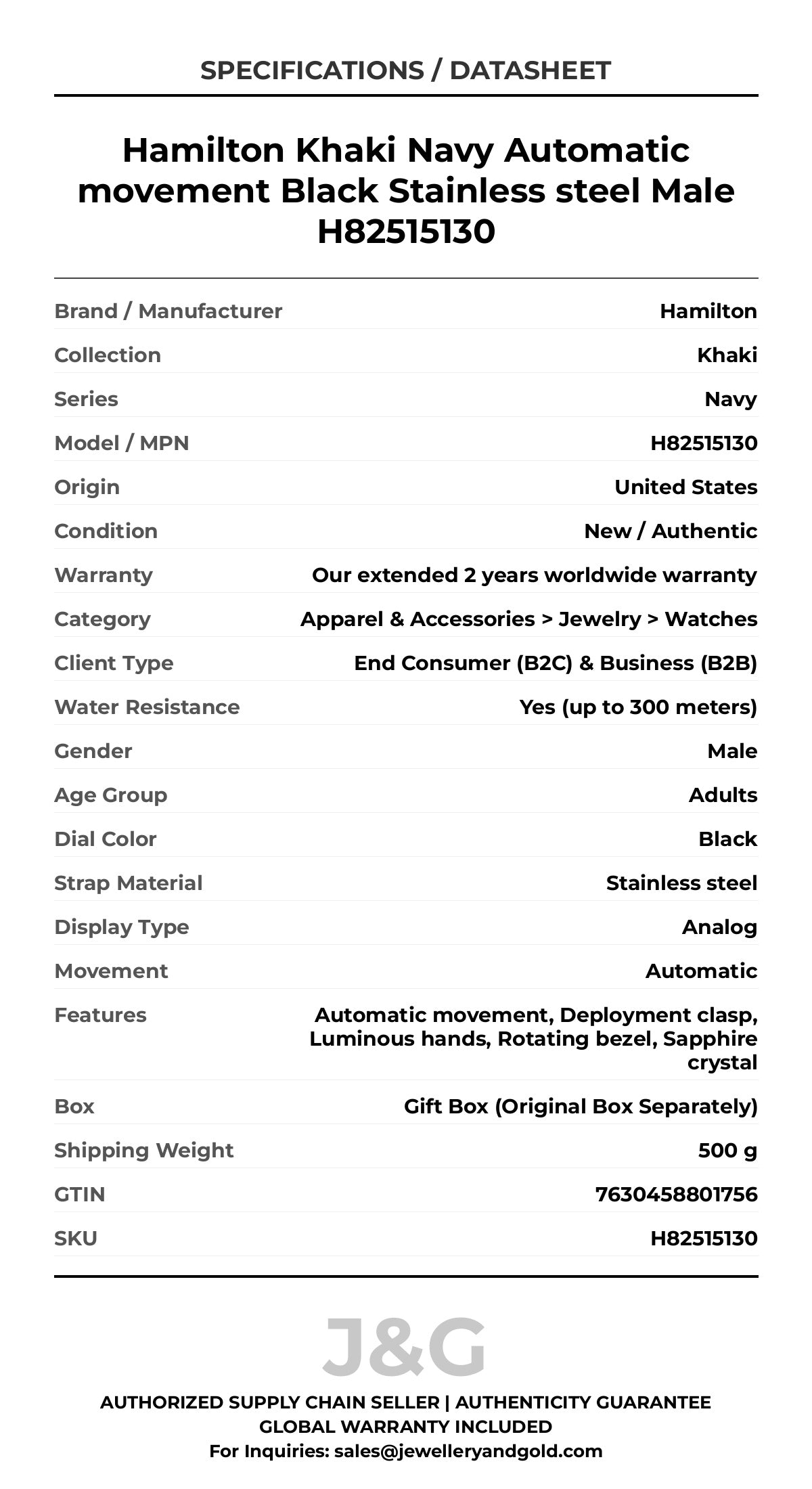 Hamilton Khaki Navy Automatic movement Black Stainless steel Male H82515130 - Specifications