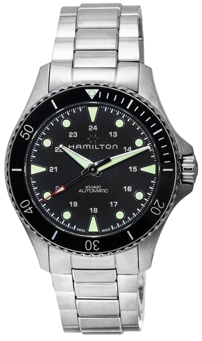 Hamilton Khaki Navy Automatic movement Black Stainless steel Male H82515130. A brand-new Hamilton Khaki watch featuring a Black dial and a Stainless steel strap. Front view.
