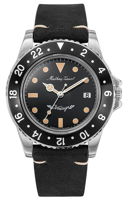 Mathey-Tissot Mathy Vintage Date display Black Leather Male H900ALN.-.MT. A brand-new Mathey-Tissot Mathy watch featuring a Black dial and a Leather strap. Front view.