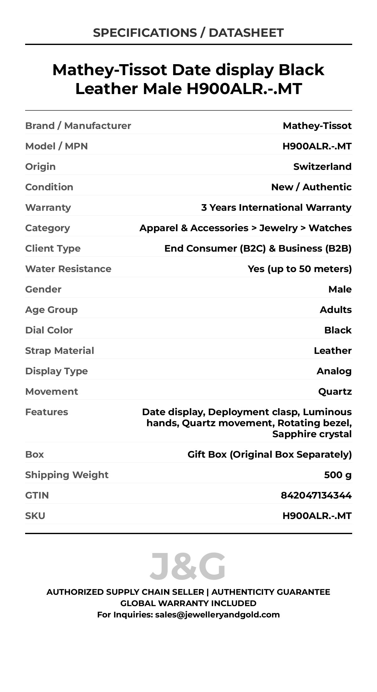 Mathey-Tissot Date display Black Leather Male H900ALR.-.MT - Specifications