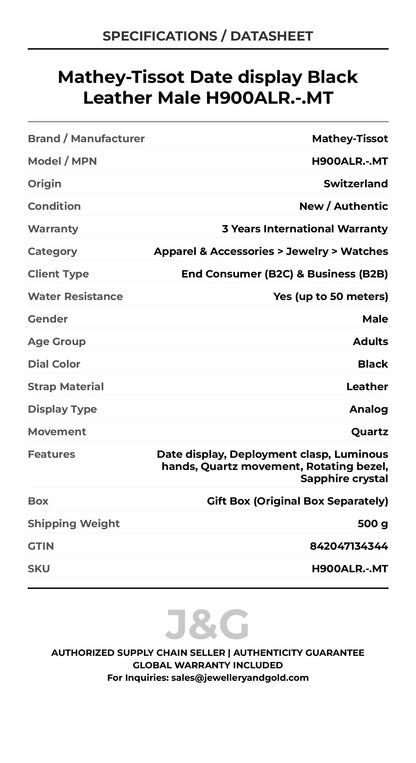Mathey-Tissot Date display Black Leather Male H900ALR.-.MT - Specifications