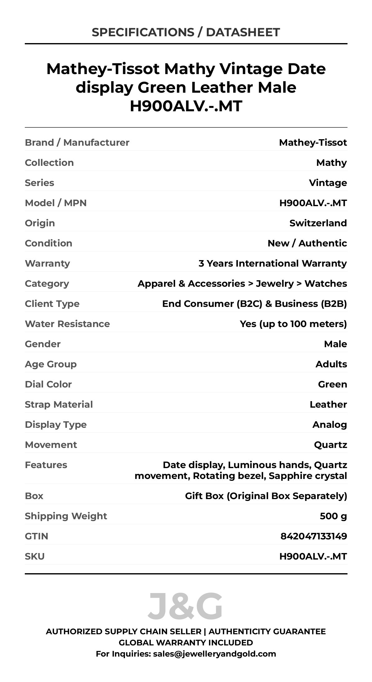 Mathey-Tissot Mathy Vintage Date display Green Leather Male H900ALV.-.MT - Specifications