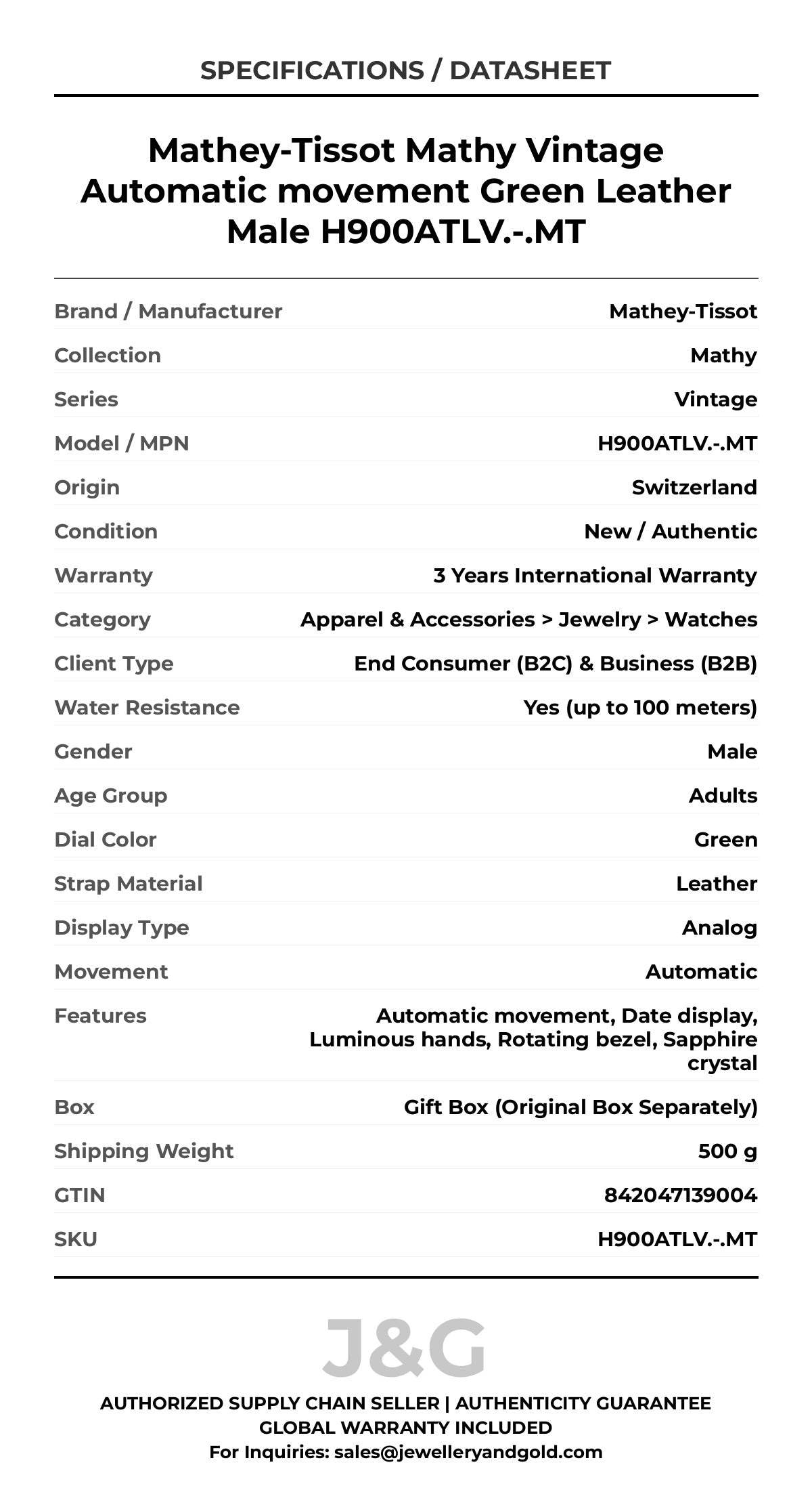 Mathey-Tissot Mathy Vintage Automatic movement Green Leather Male H900ATLV.-.MT - Specifications
