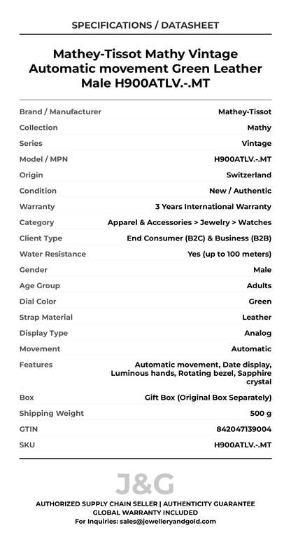 Mathey-Tissot Mathy Vintage Automatic movement Green Leather Male H900ATLV.-.MT - Specifications