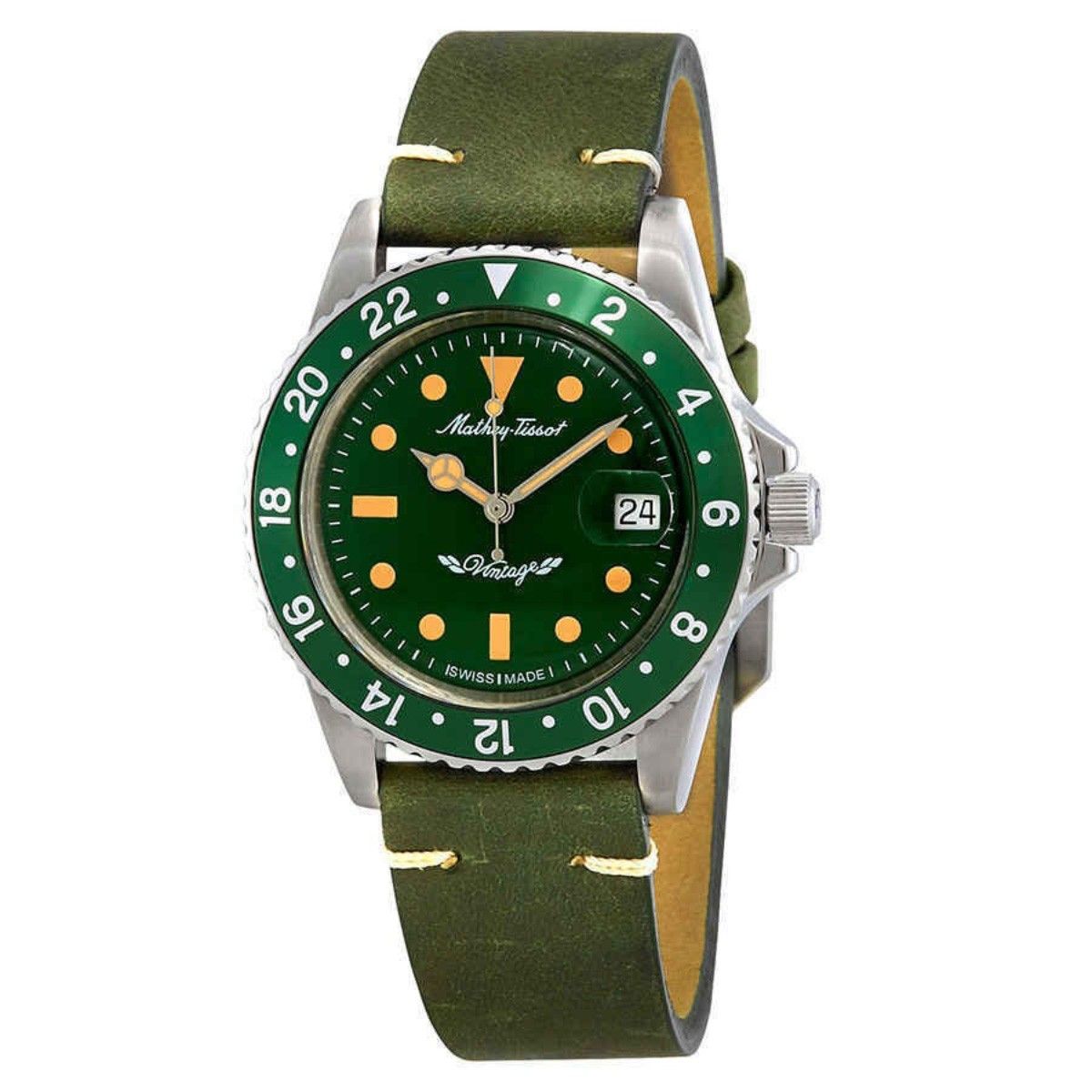 Mathey-Tissot Mathy Vintage Automatic movement Green Leather Male H900ATLV.-.MT. A brand-new Mathey-Tissot Mathy watch featuring a Green dial and a Leather strap. Side view.