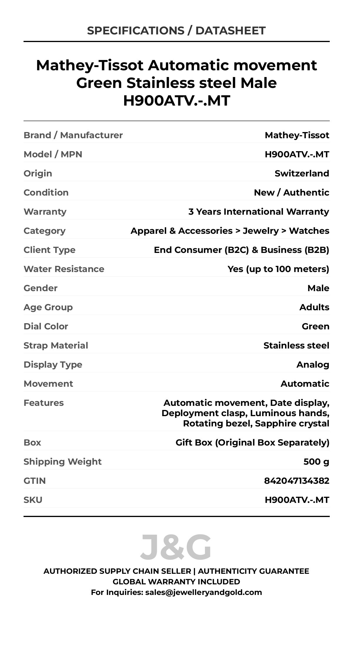 Mathey-Tissot Automatic movement Green Stainless steel Male H900ATV.-.MT - Specifications