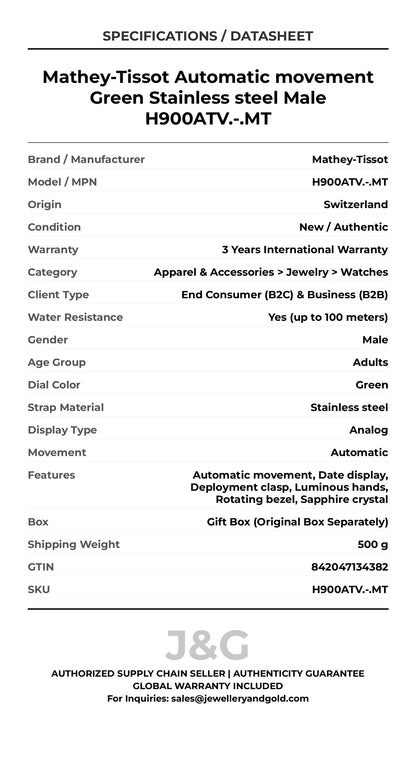 Mathey-Tissot Automatic movement Green Stainless steel Male H900ATV.-.MT - Specifications