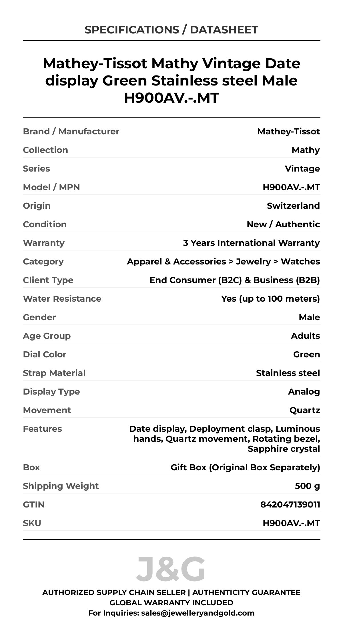 Mathey-Tissot Mathy Vintage Date display Green Stainless steel Male H900AV.-.MT - Specifications