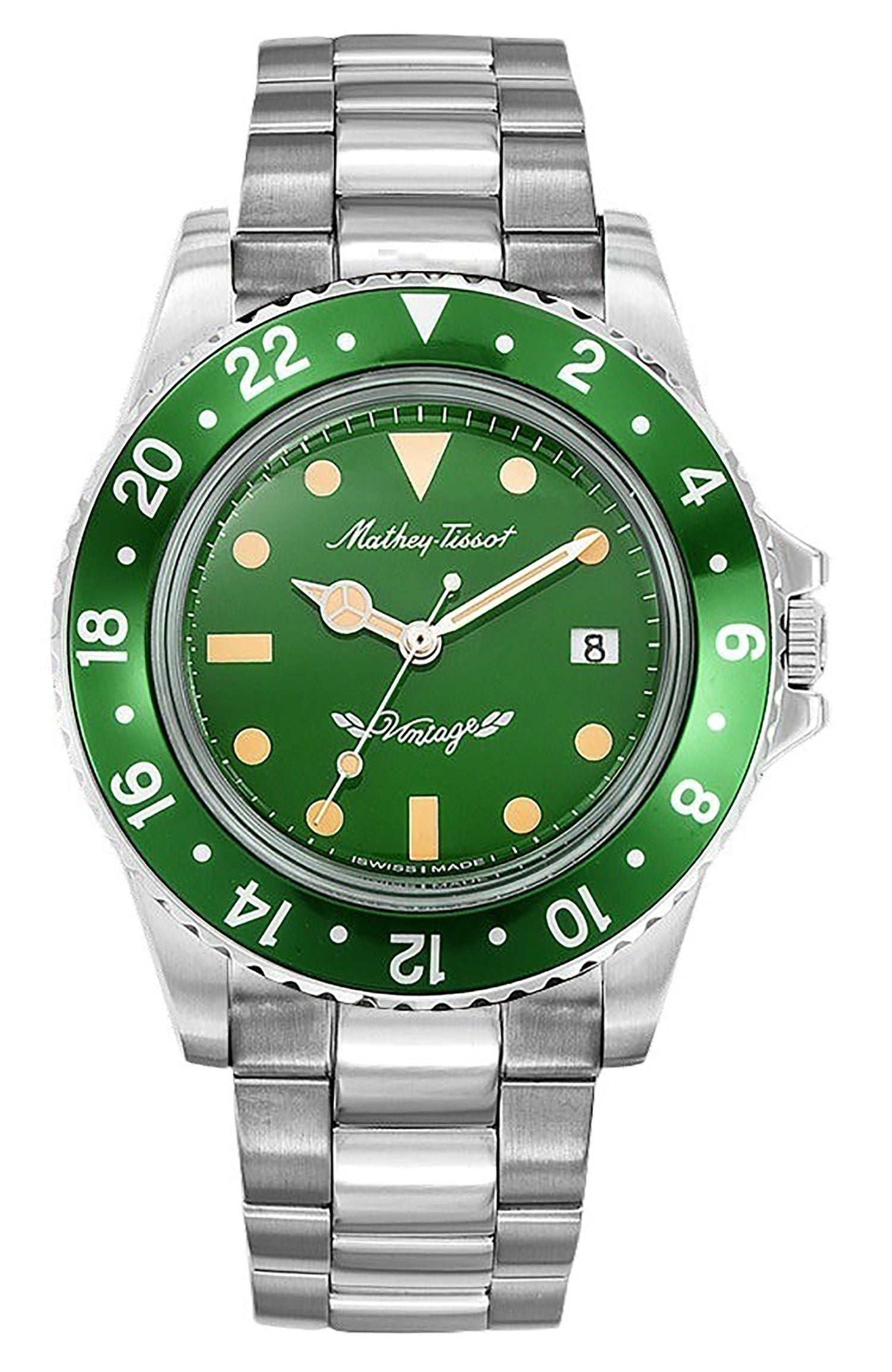 Mathey-Tissot Mathy Vintage Date display Green Stainless steel Male H900AV.-.MT. A brand-new Mathey-Tissot Mathy watch featuring a Green dial and a Stainless steel strap. Angled view.