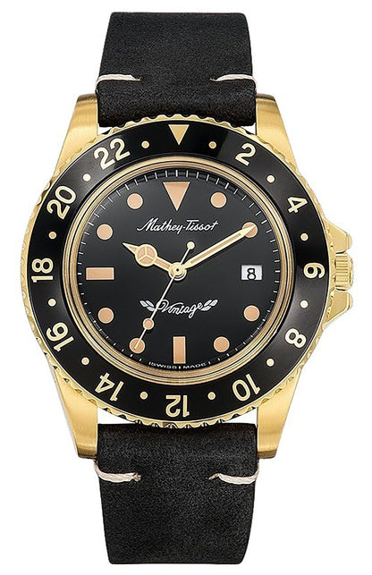 Mathey-Tissot Mathy Vintage Date display Black Leather Male H900PLN.-.MT. A brand-new Mathey-Tissot Mathy watch featuring a Black dial and a Leather strap. Side view.