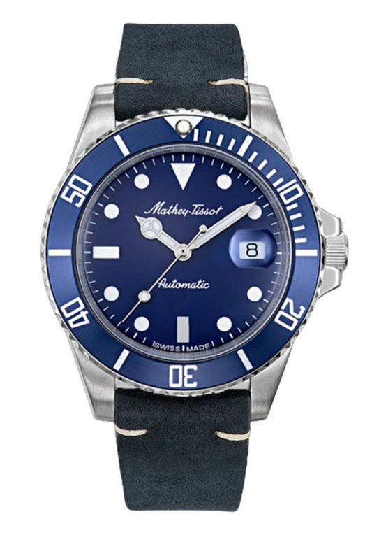 Mathey-Tissot Mathy Vintage Automatic movement Blue Leather Male H901ATLBU.-.MT. A brand-new Mathey-Tissot Mathy watch featuring a Blue dial and a Leather strap. Front view.