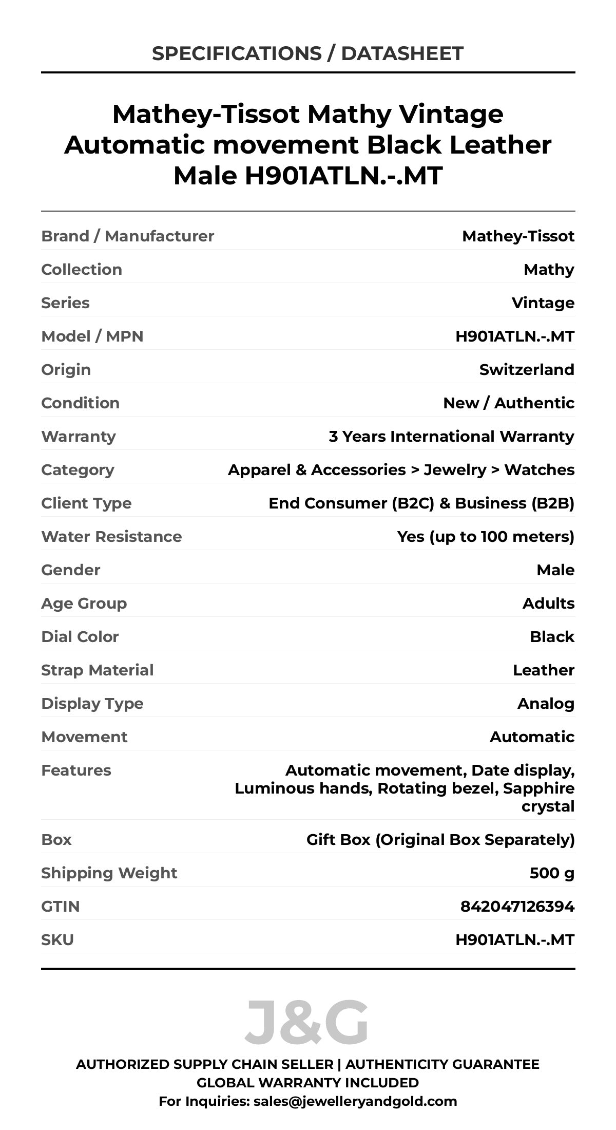 Mathey-Tissot Mathy Vintage Automatic movement Black Leather Male H901ATLN.-.MT - Specifications