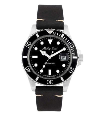 Mathey-Tissot Mathy Vintage Automatic movement Black Leather Male H901ATLN.-.MT. A brand-new Mathey-Tissot Mathy watch featuring a Black dial and a Leather strap. Side view.