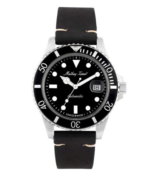 Mathey-Tissot Mathy Vintage Automatic movement Black Leather Male H901ATLN.-.MT. A brand-new Mathey-Tissot Mathy watch featuring a Black dial and a Leather strap. Side view.