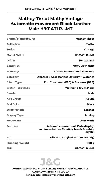 Mathey-Tissot Mathy Vintage Automatic movement Black Leather Male H901ATLR.-.MT - Specifications