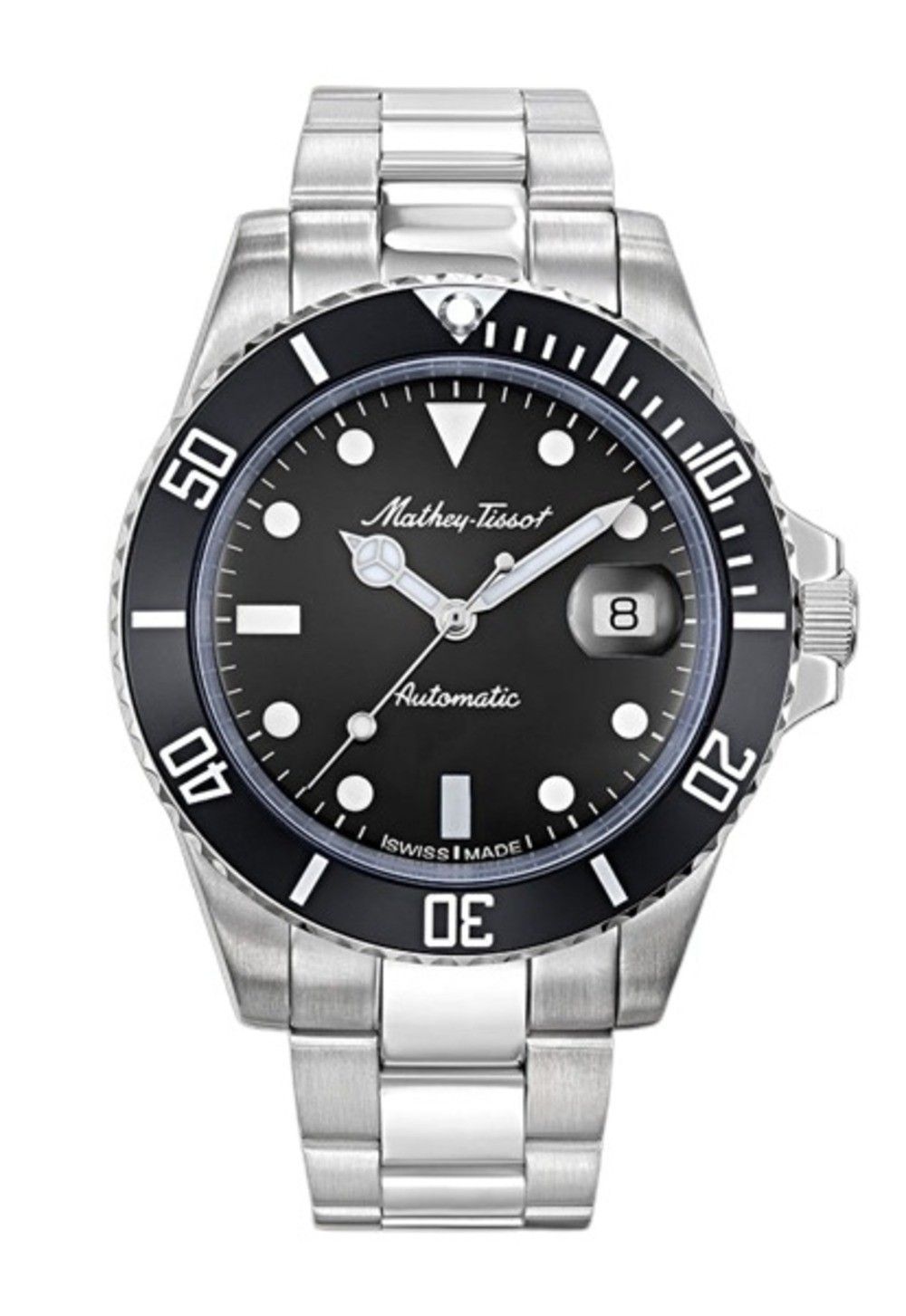 Mathey-Tissot Mathy Vintage Automatic movement Black Stainless steel Male H901ATN.-.MT. A brand-new Mathey-Tissot Mathy watch featuring a Black dial and a Stainless steel strap. Angled view.