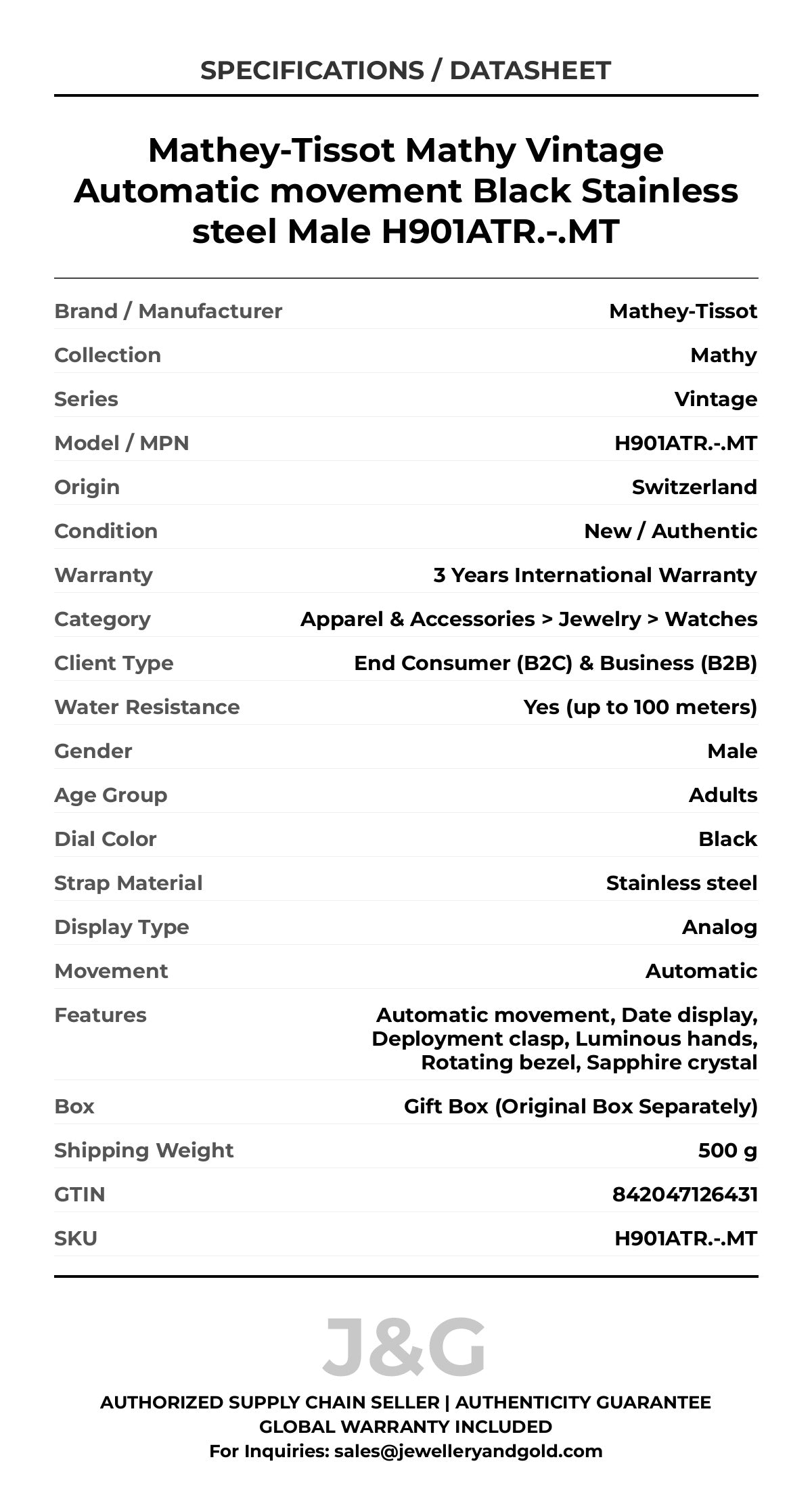 Mathey-Tissot Mathy Vintage Automatic movement Black Stainless steel Male H901ATR.-.MT - Specifications