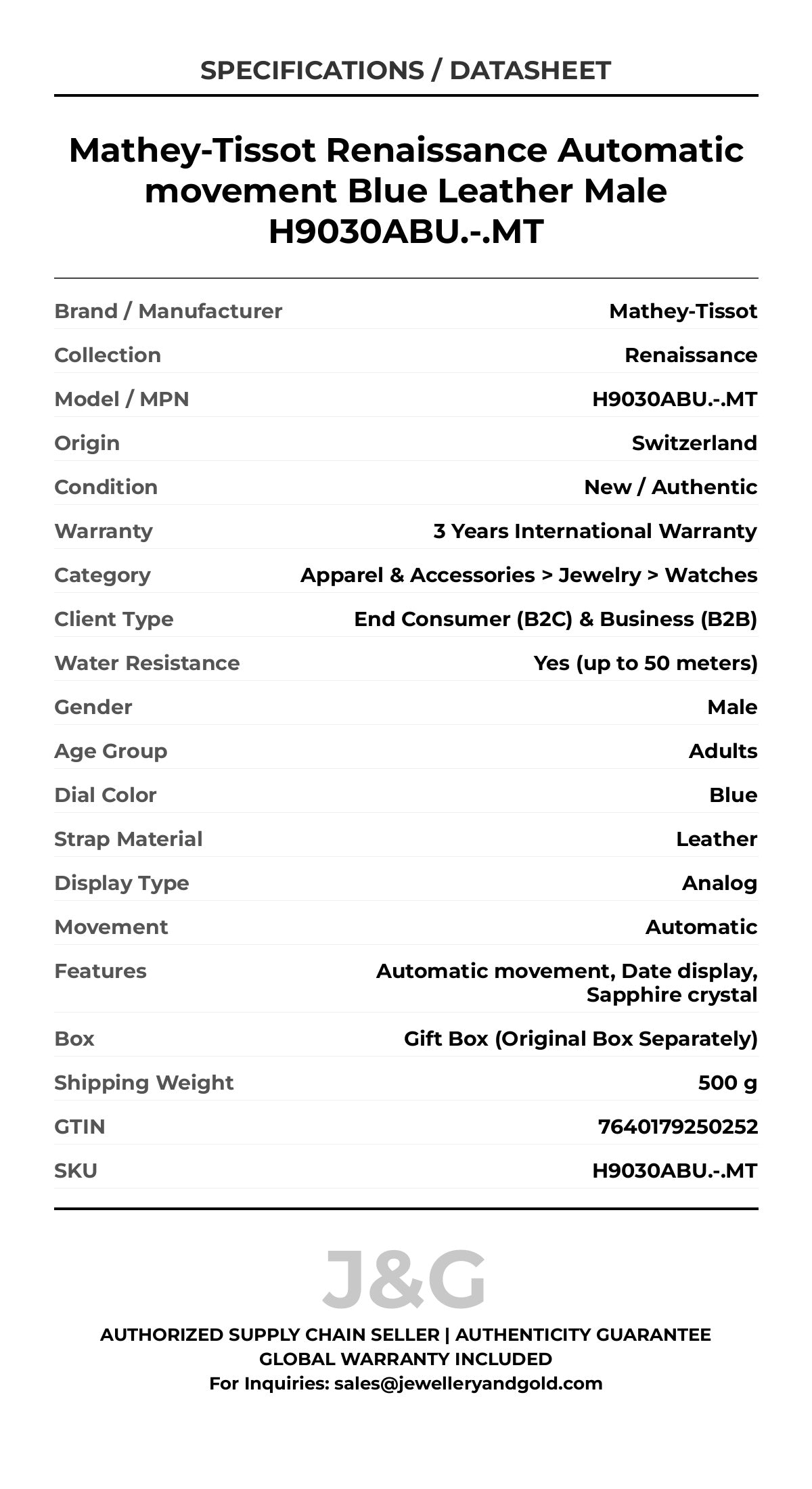 Mathey-Tissot Renaissance Automatic movement Blue Leather Male H9030ABU.-.MT - Specifications