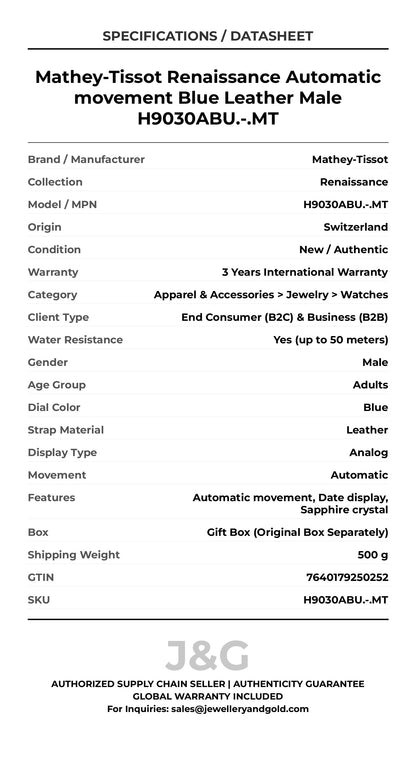 Mathey-Tissot Renaissance Automatic movement Blue Leather Male H9030ABU.-.MT - Specifications