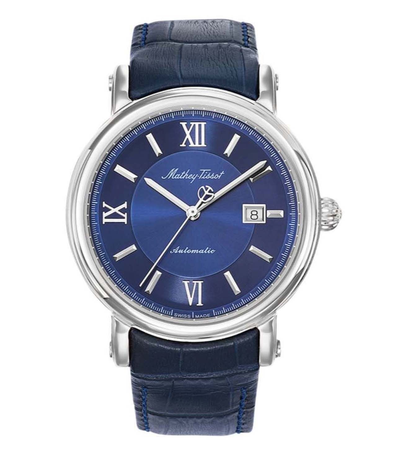 Mathey-Tissot Renaissance Automatic movement Blue Leather Male H9030ABU.-.MT. A brand-new Mathey-Tissot Renaissance watch featuring a Blue dial and a Leather strap. Side view.