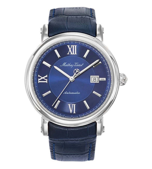 Mathey-Tissot Renaissance Automatic movement Blue Leather Male H9030ABU.-.MT. A brand-new Mathey-Tissot Renaissance watch featuring a Blue dial and a Leather strap. Side view.