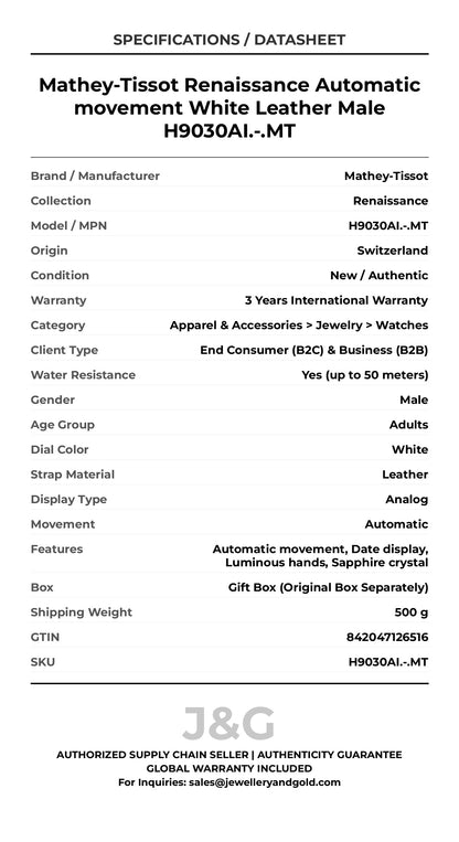 Mathey-Tissot Renaissance Automatic movement White Leather Male H9030AI.-.MT - Specifications