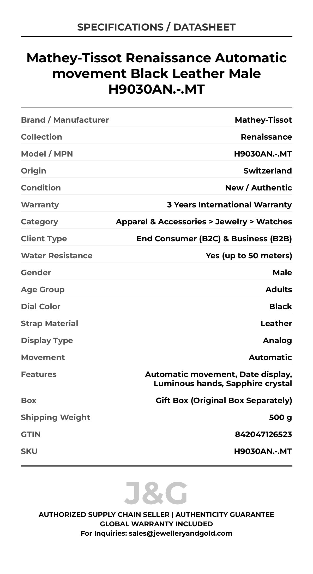 Mathey-Tissot Renaissance Automatic movement Black Leather Male H9030AN.-.MT - Specifications