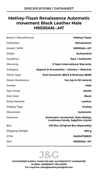 Mathey-Tissot Renaissance Automatic movement Black Leather Male H9030AN.-.MT - Specifications