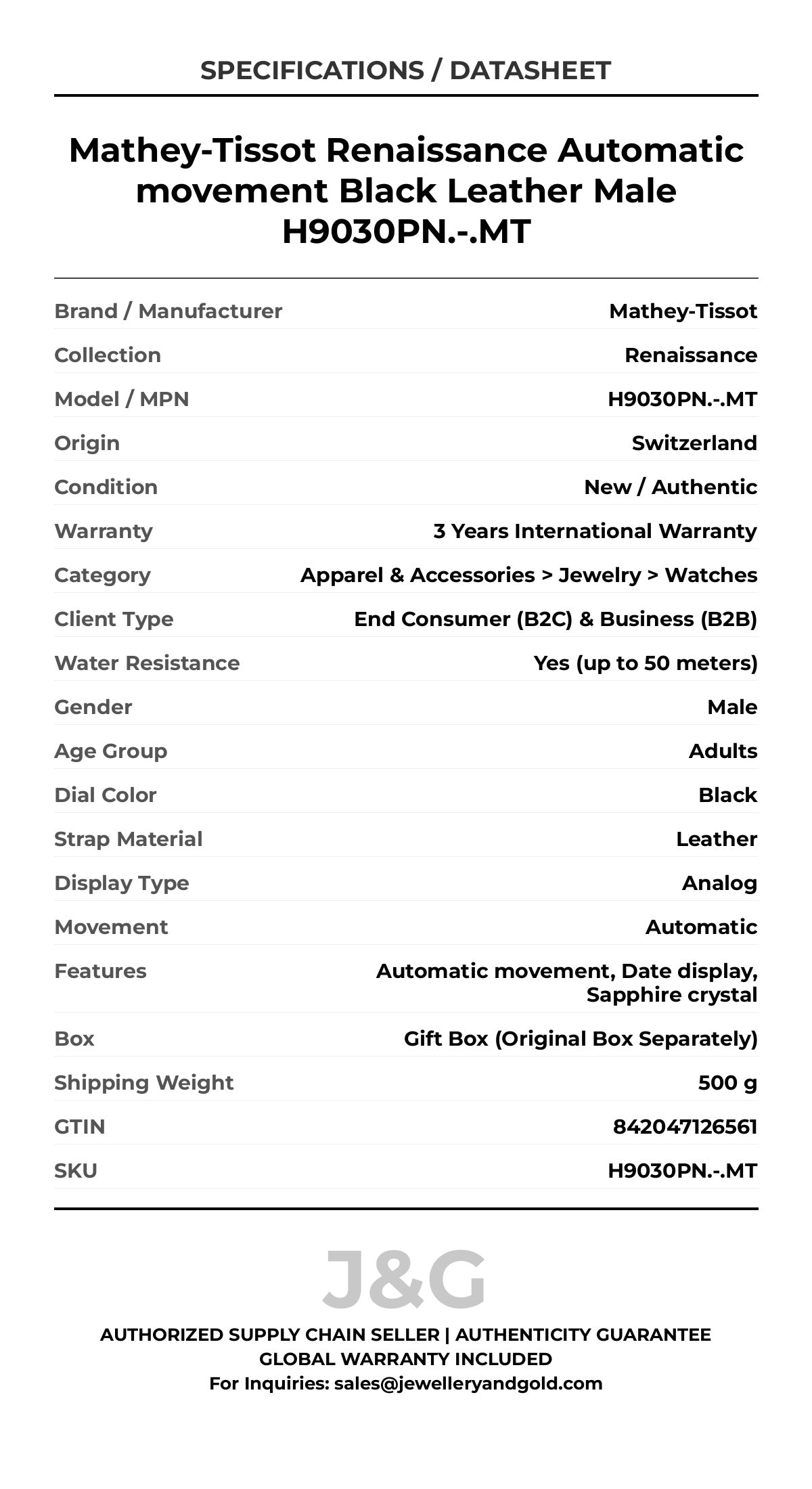 Mathey-Tissot Renaissance Automatic movement Black Leather Male H9030PN.-.MT - Specifications
