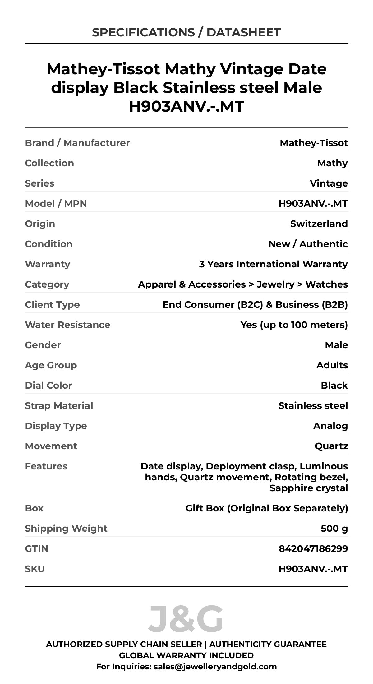 Mathey-Tissot Mathy Vintage Date display Black Stainless steel Male H903ANV.-.MT - Specifications