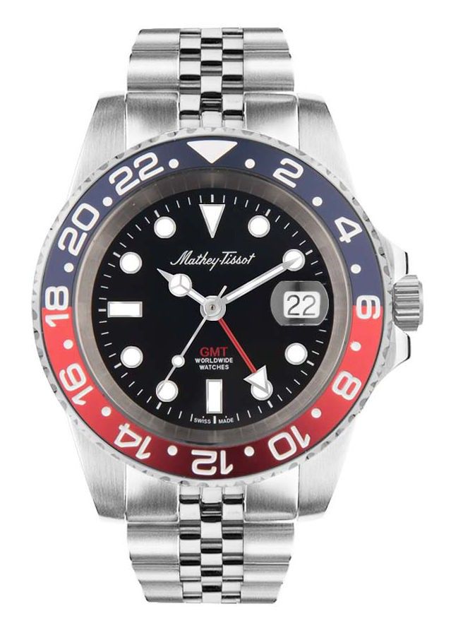 Mathey-Tissot Date display Black Stainless steel Male H903AR.-.MT. A brand-new Mathey-Tissot watch featuring a Black dial and a Stainless steel strap. Angled view.