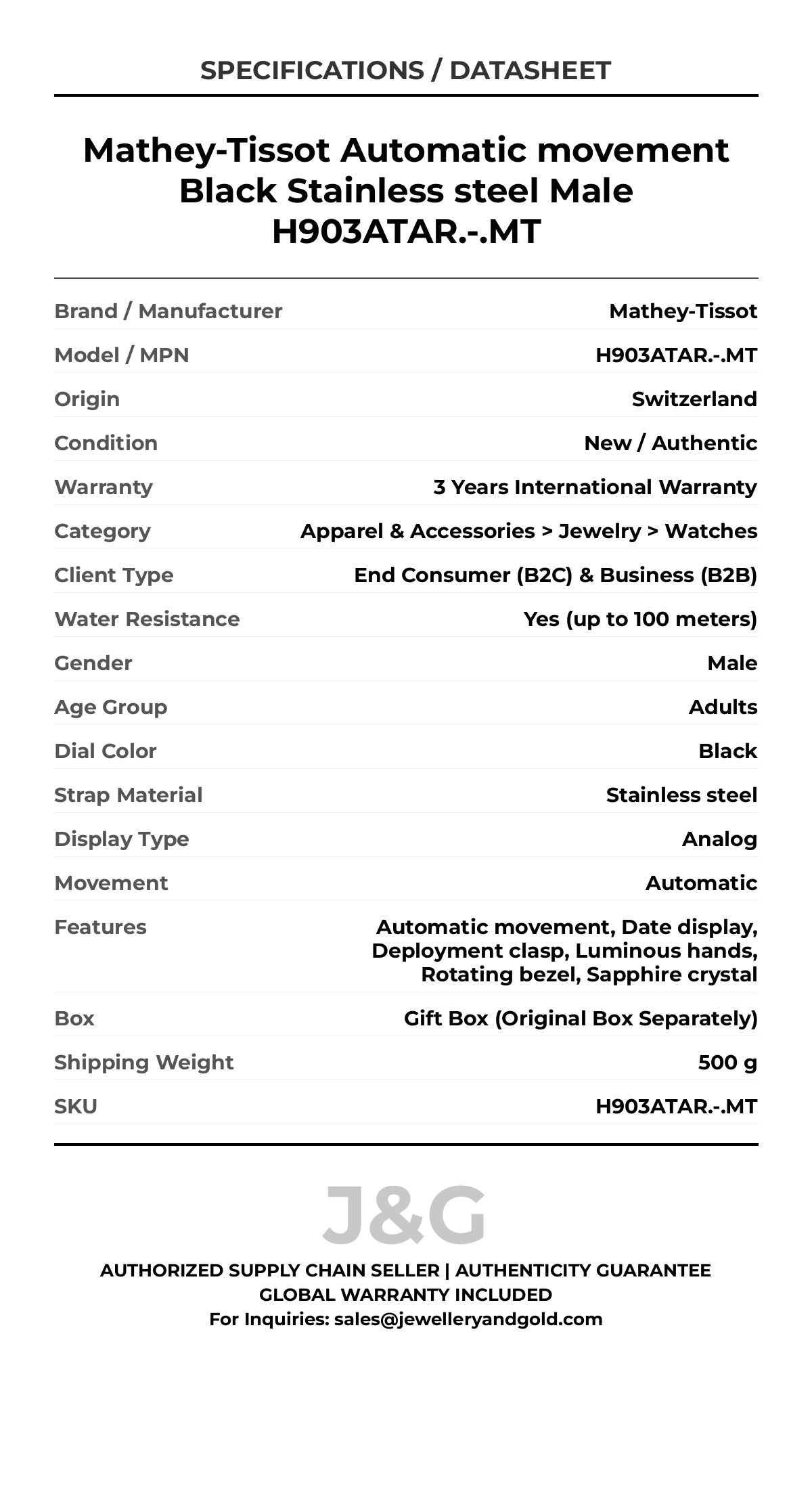 Mathey-Tissot Automatic movement Black Stainless steel Male H903ATAR.-.MT - Specifications