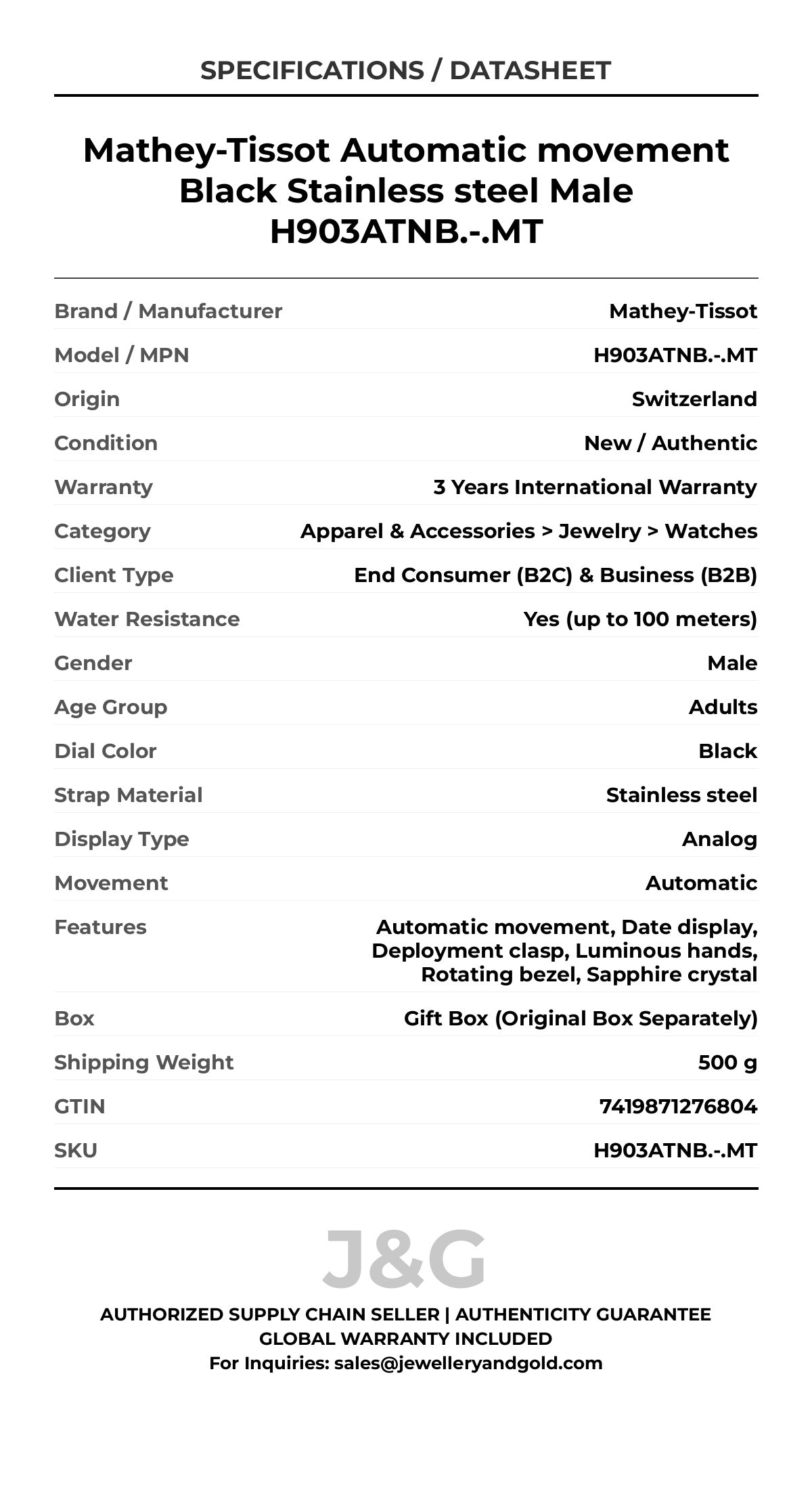 Mathey-Tissot Automatic movement Black Stainless steel Male H903ATNB.-.MT - Specifications