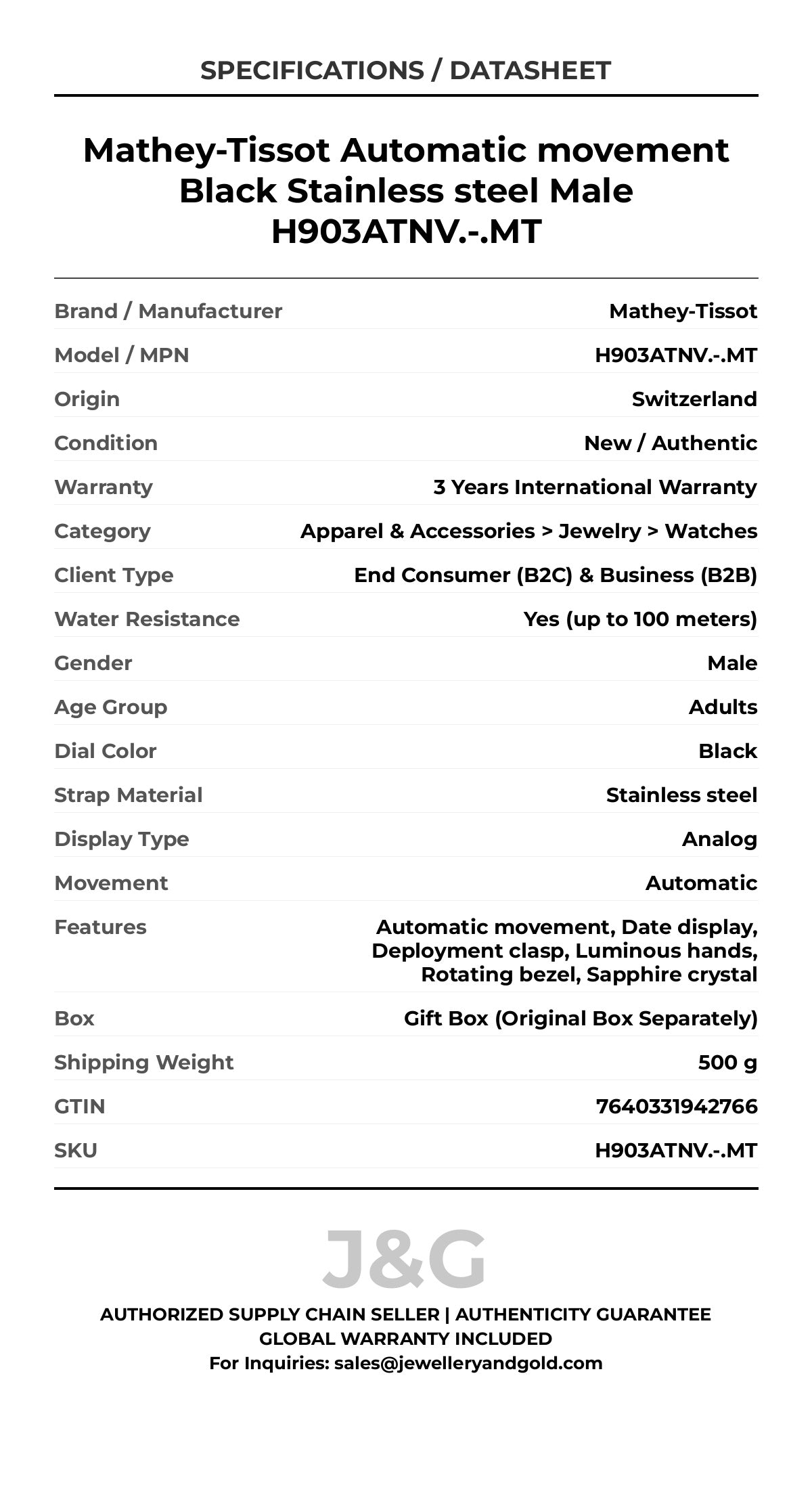 Mathey-Tissot Automatic movement Black Stainless steel Male H903ATNV.-.MT - Specifications