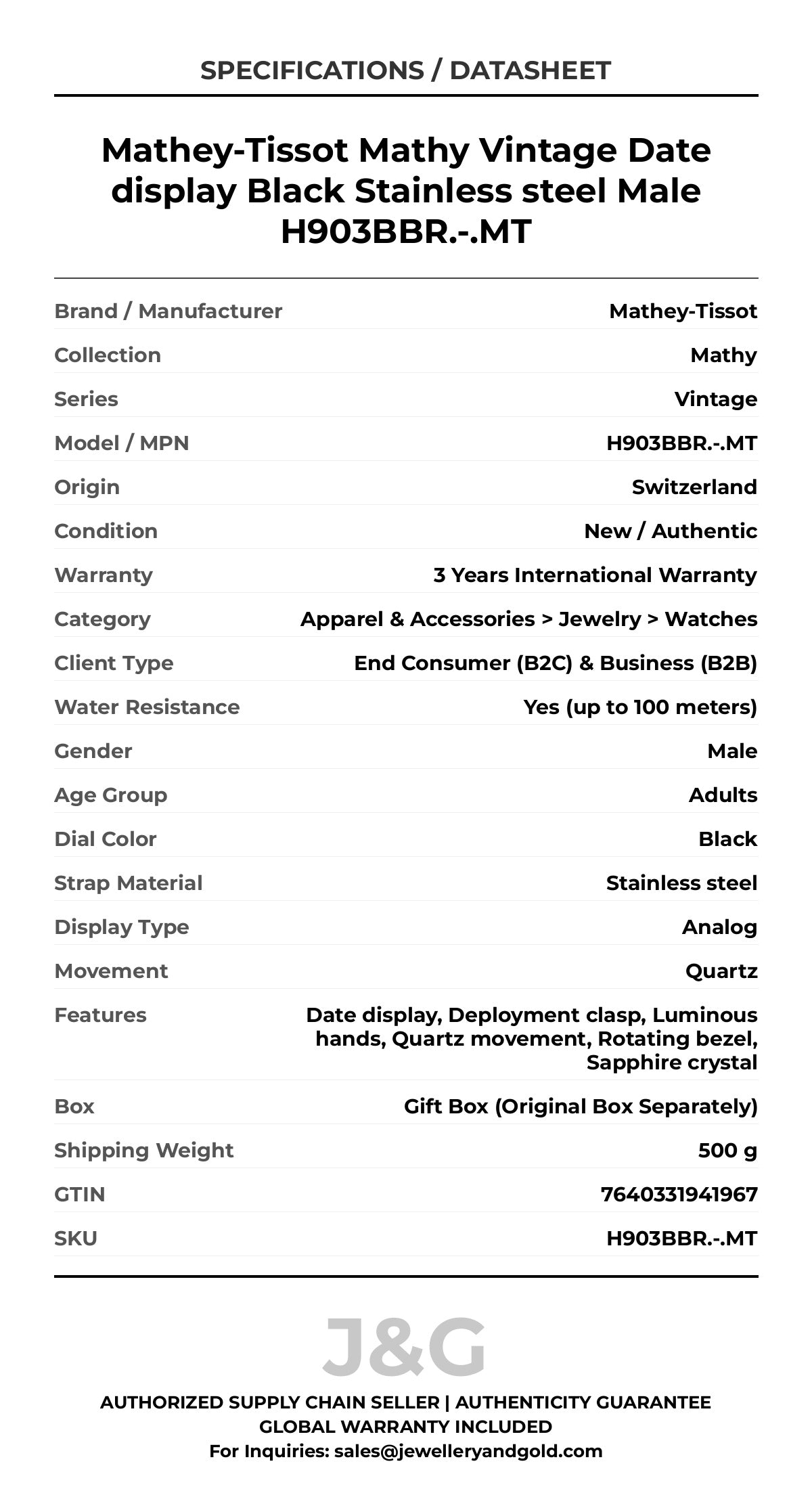 Mathey-Tissot Mathy Vintage Date display Black Stainless steel Male H903BBR.-.MT - Specifications