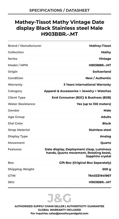 Mathey-Tissot Mathy Vintage Date display Black Stainless steel Male H903BBR.-.MT - Specifications