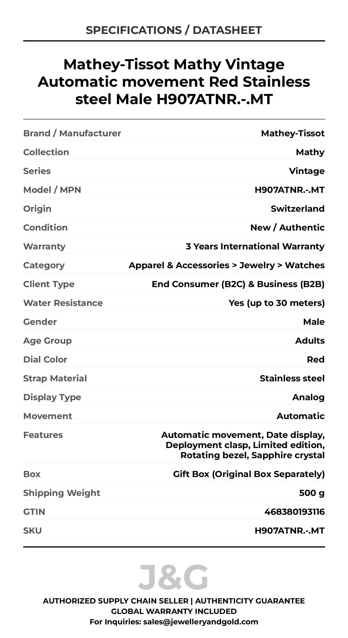 Mathey-Tissot Mathy Vintage Automatic movement Red Stainless steel Male H907ATNR.-.MT - Specifications