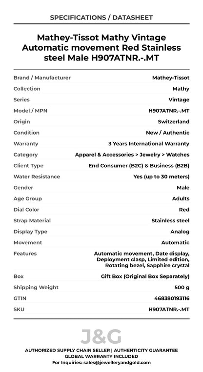Mathey-Tissot Mathy Vintage Automatic movement Red Stainless steel Male H907ATNR.-.MT - Specifications