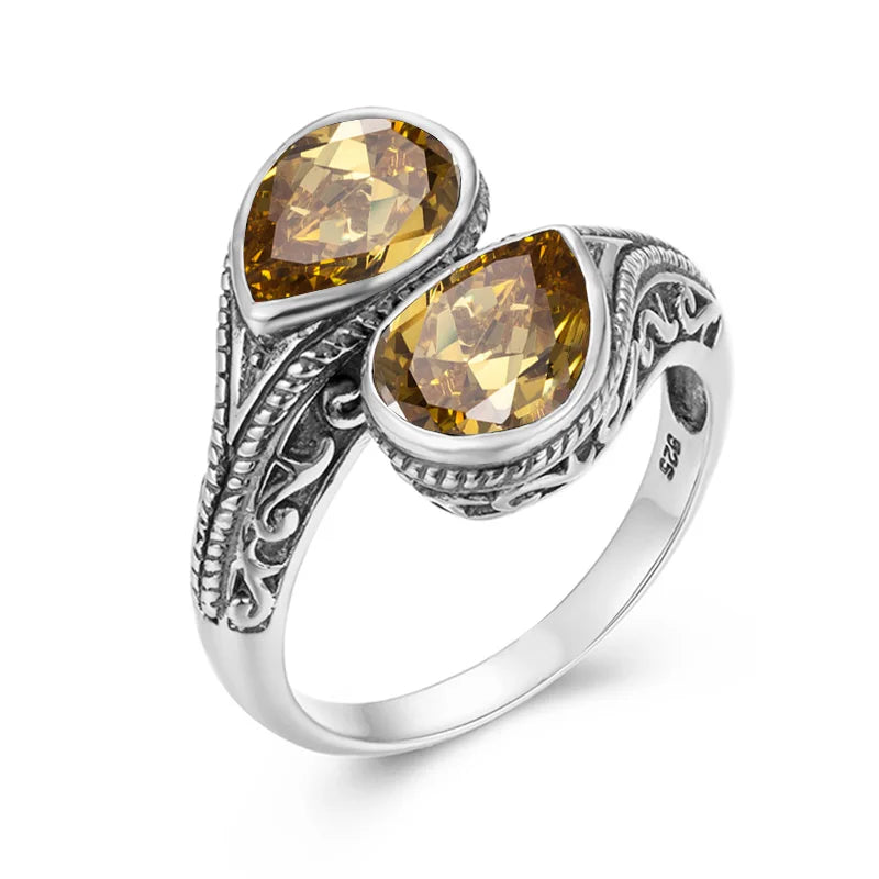 Gothic Tear Drop Garnet Ring – 925 Sterling Silver, Vintage Two-Stone Jewelry, Wife Anniversary Gift