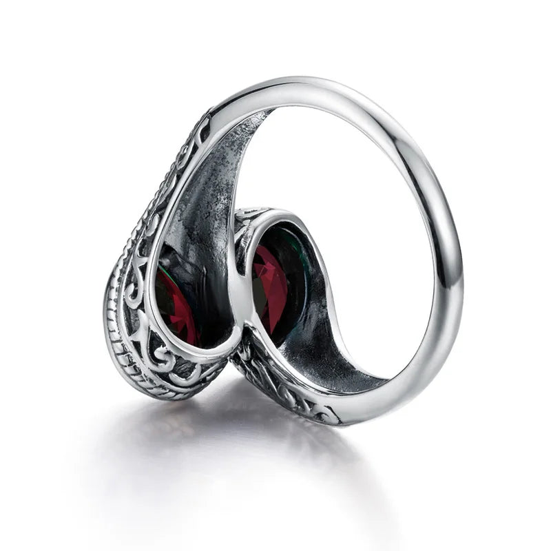 Gothic Tear Drop Garnet Ring – 925 Sterling Silver, Vintage Two-Stone Jewelry, Wife Anniversary Gift