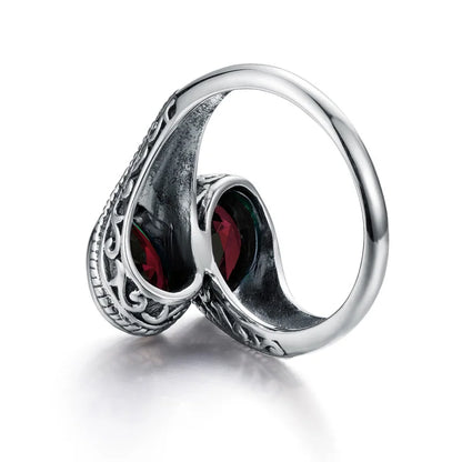 Gothic Tear Drop Garnet Ring – 925 Sterling Silver, Vintage Two-Stone Jewelry, Wife Anniversary Gift