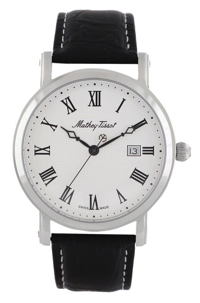 Mathey-Tissot City Date display White Leather Male HB611251ABR.-.MT. A brand-new Mathey-Tissot City watch featuring a White dial and a Leather strap. Side view.