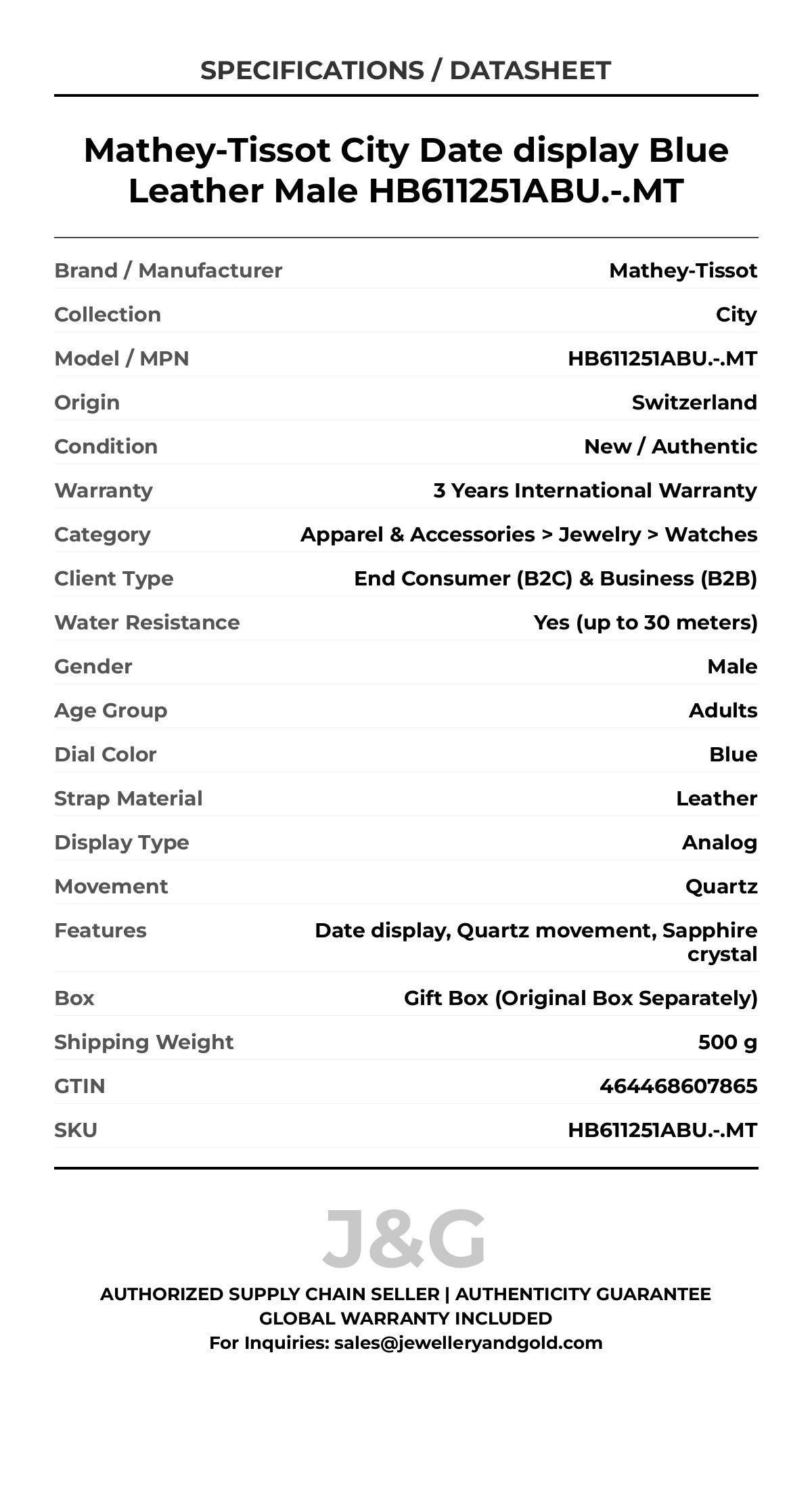Mathey-Tissot City Date display Blue Leather Male HB611251ABU.-.MT - Specifications