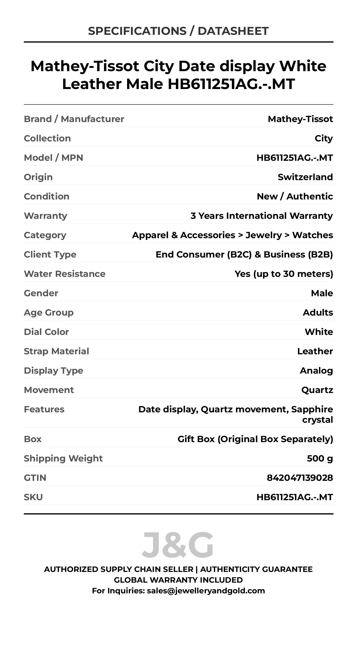 Mathey-Tissot City Date display White Leather Male HB611251AG.-.MT - Specifications