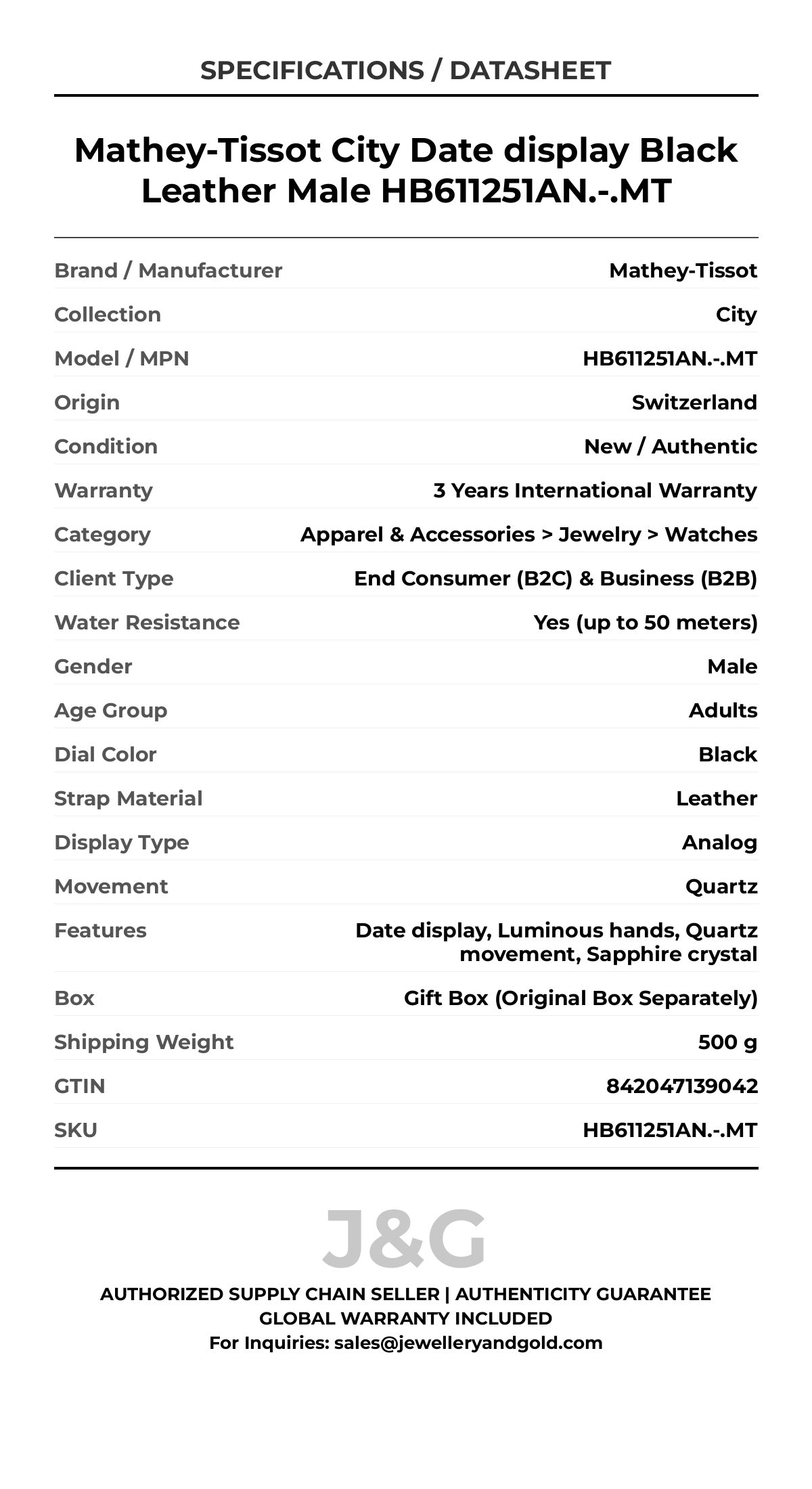 Mathey-Tissot City Date display Black Leather Male HB611251AN.-.MT - Specifications