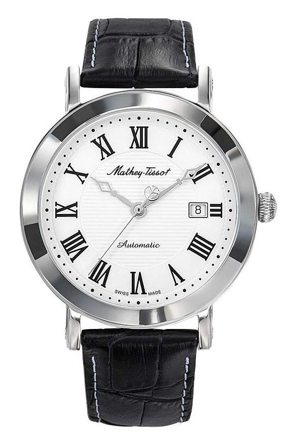 Mathey-Tissot City Automatic movement White Leather Male HB611251ATABR.-.MT. A brand-new Mathey-Tissot City watch featuring a White dial and a Leather strap. Angled view.