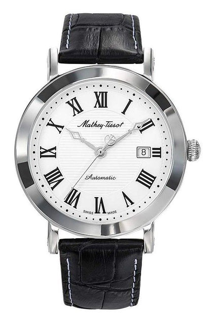 Mathey-Tissot City Automatic movement White Leather Male HB611251ATABR.-.MT. A brand-new Mathey-Tissot City watch featuring a White dial and a Leather strap. Angled view.