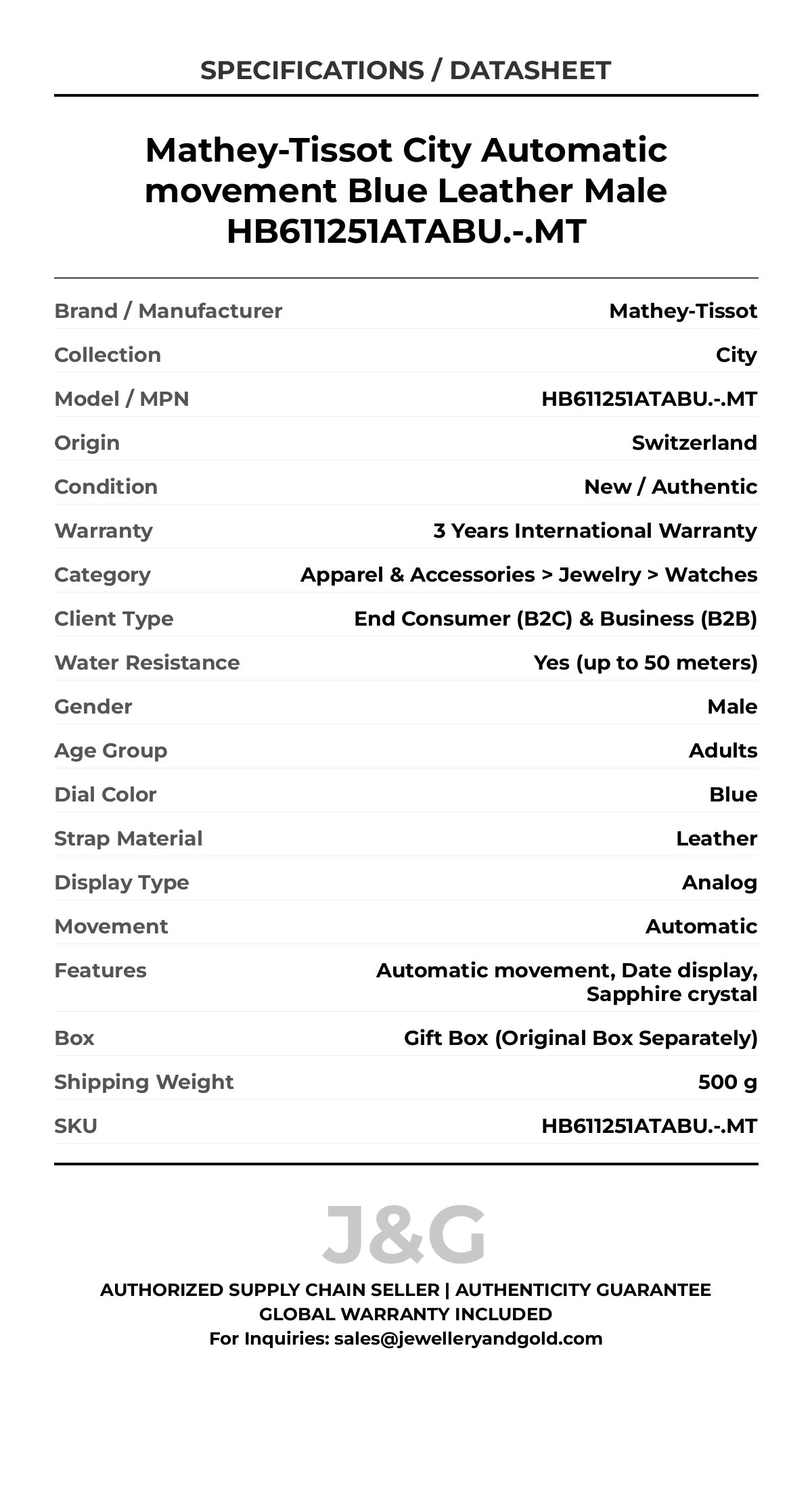 Mathey-Tissot City Automatic movement Blue Leather Male HB611251ATABU.-.MT - Specifications