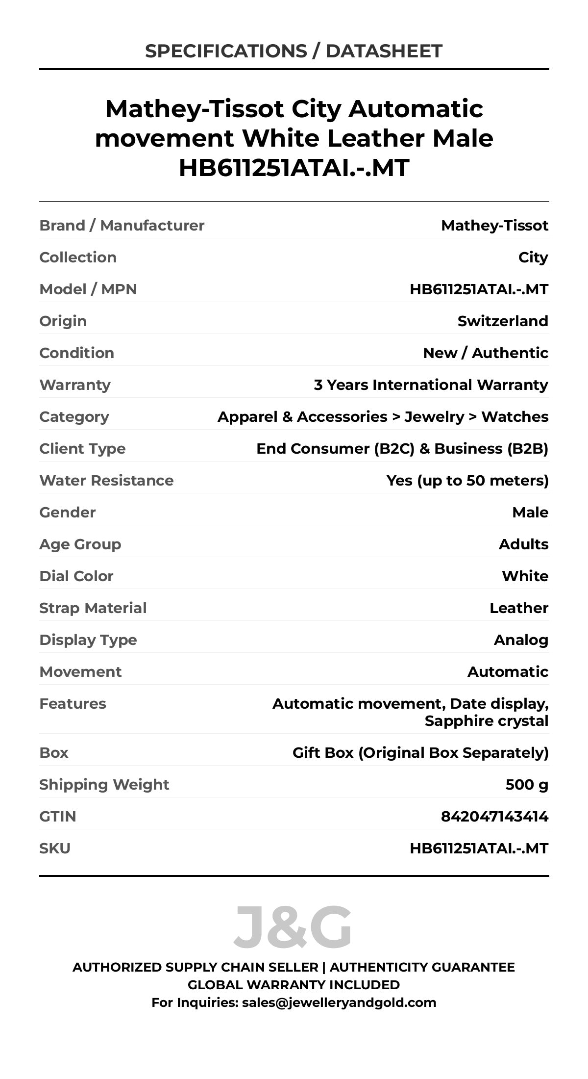 Mathey-Tissot City Automatic movement White Leather Male HB611251ATAI.-.MT - Specifications