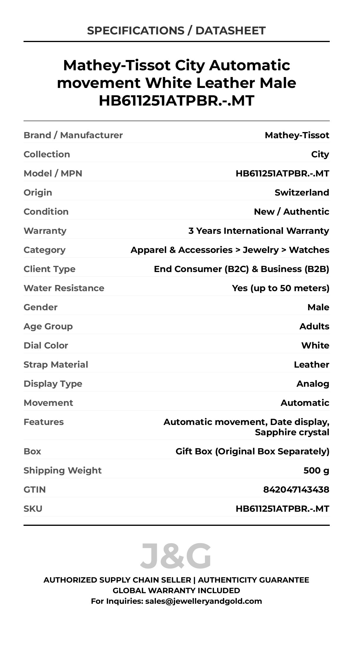 Mathey-Tissot City Automatic movement White Leather Male HB611251ATPBR.-.MT - Specifications
